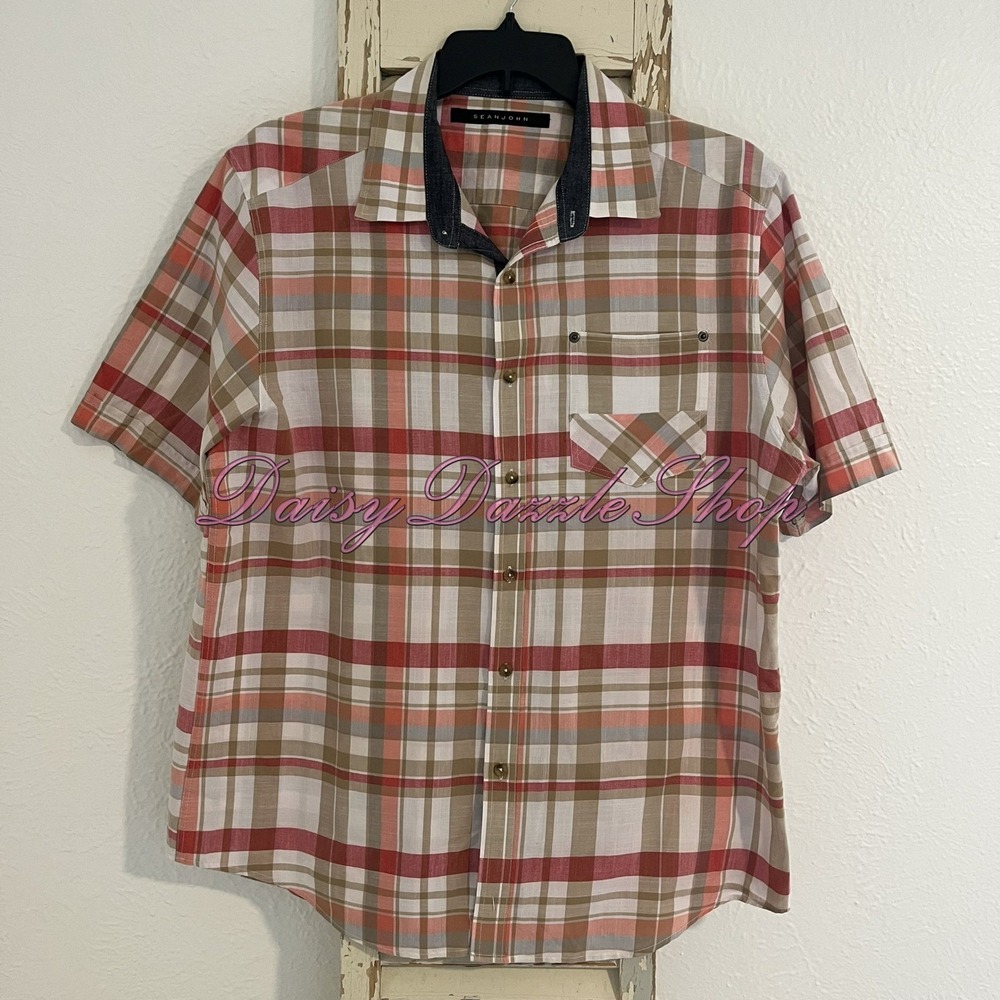 Men's 2XL Short Sleeve Shirt Button Shirt Plaid Lightweight Sean John